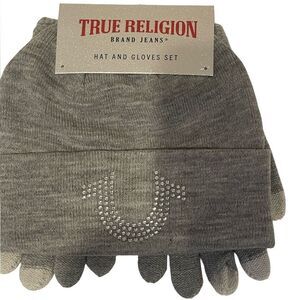 True Religion Gray Knit Beanie and matching gloves
